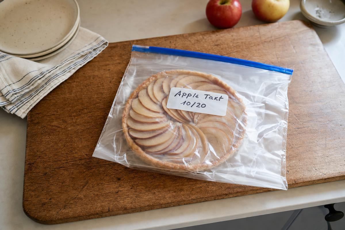 Tarte aux pommes emballée dans un sac de congélation