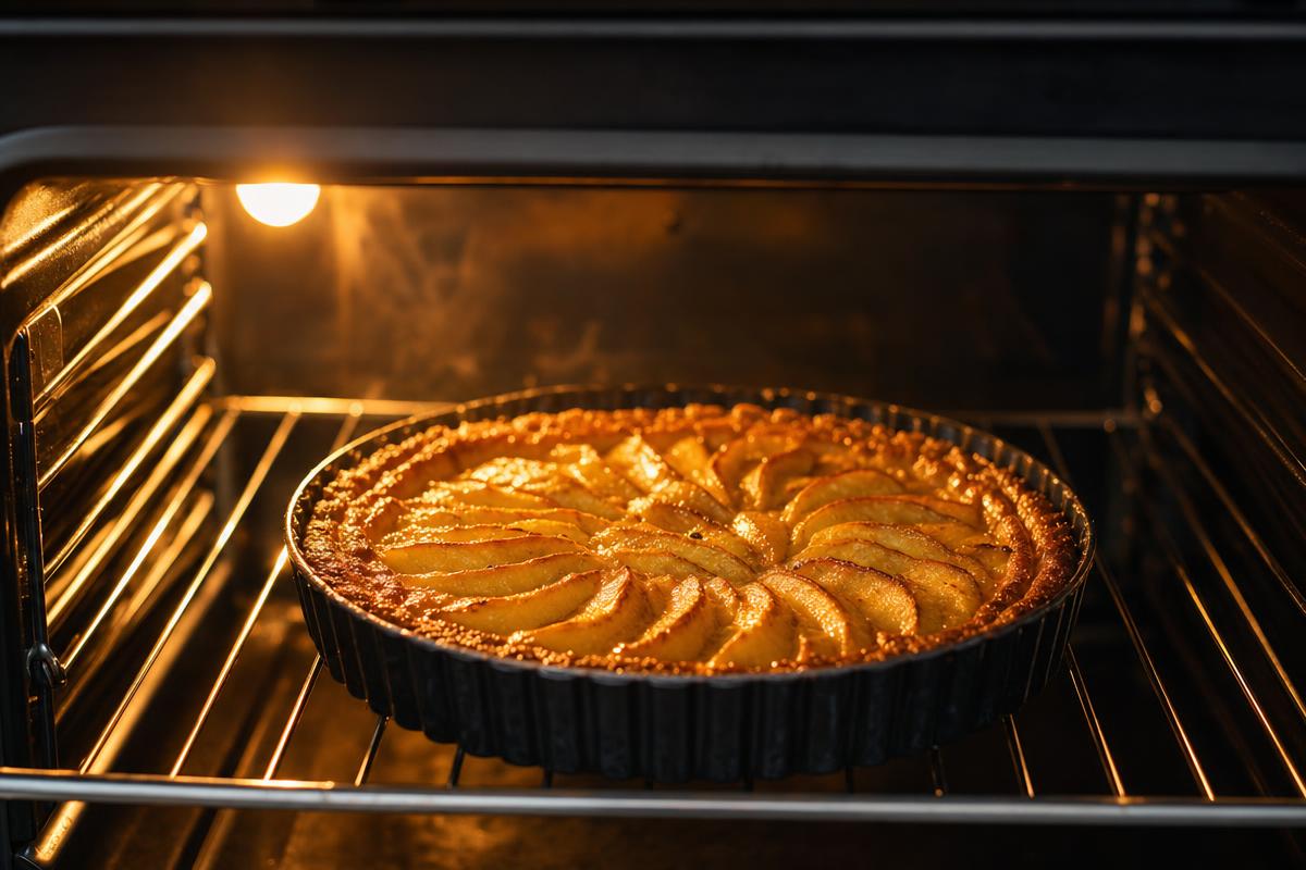 Tarte aux pommes en train de cuire dans le four