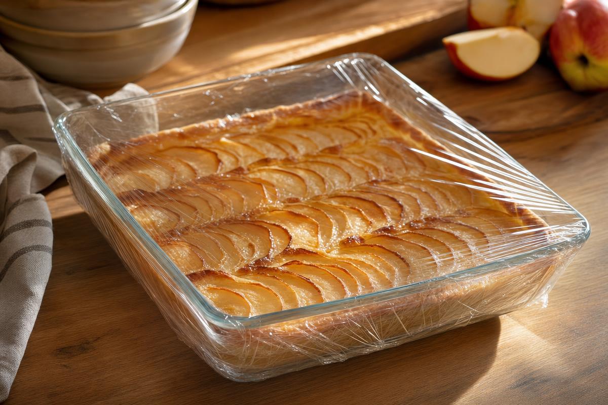 Tarte aux pommes recouverte de film alimentaire dans un plat hermétique