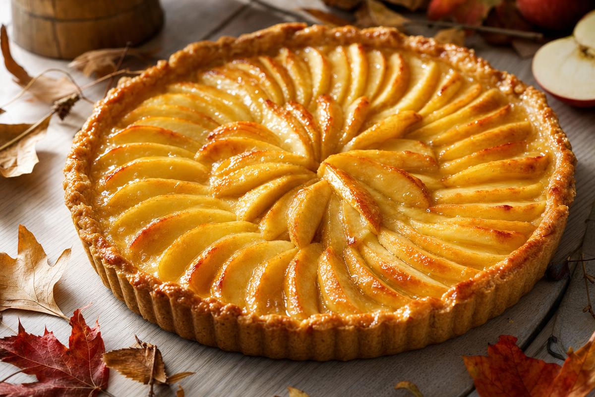 Tarte aux pommes dorée sur plan de travail en bois